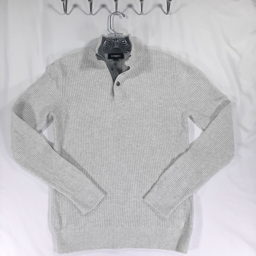 Express Mens Mock Neck Ribbed Knit Snap Button Pullover Sweater Gray Small